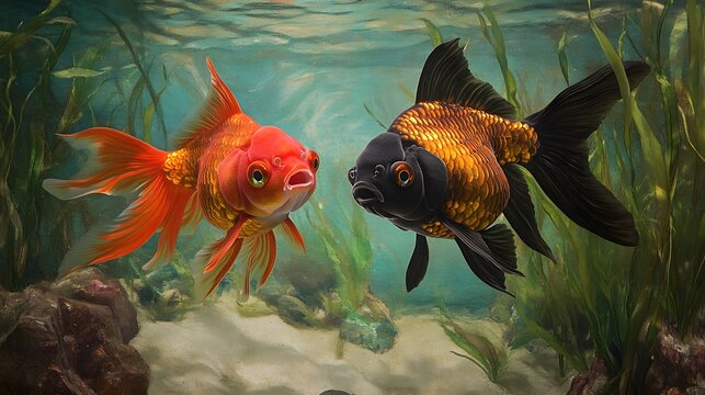 Goldfish Duo: Captivating underwater view of a vibrant duo, showcasing a fiery red and a striking black and gold goldfish, gracefully swimming among the aquatic plants.