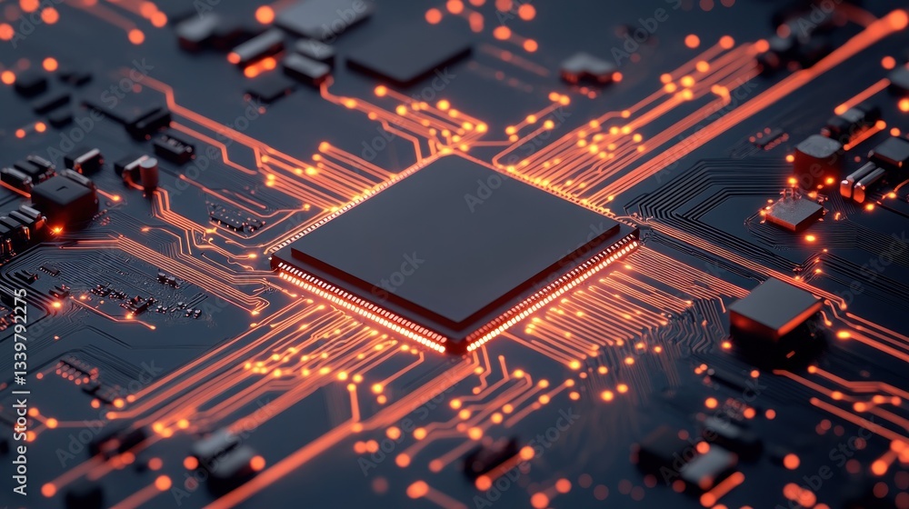 Poster close-up of a glowing computer processor on a circuit board