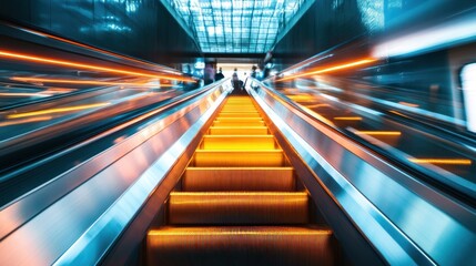Illuminated Escalator with Blurry People in Motion