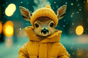Social marketing - animal care. Problem of endangered animals. Sad cute baby animal deer in winter warm clothes, winter breath from nose and mouth in chilly air. Winter wildlife rescue.