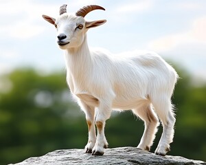 Obraz premium White goat stands on a rock against blurred trees