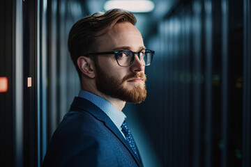 Fototapeta premium Confident businessman with glasses standing in a dimly lit data center with a focused expression 