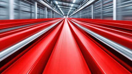 High-Speed Industrial Conveyor Belt System: A Dynamic Red and Silver Symphony of Motion