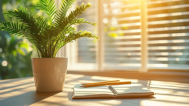 Sunlit workspace with a notebook, pencils, and a potted plant, creating an inspiring environment for productivity, perfect for lifestyle, office, or workspace-related photography.