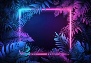 Neon frame bordered by vibrant tropical leaves in shades of purple, blue, and pink, set against a dark background.  A square frame is outlined by vibrant neon light. Lush tropical foliage encircles
