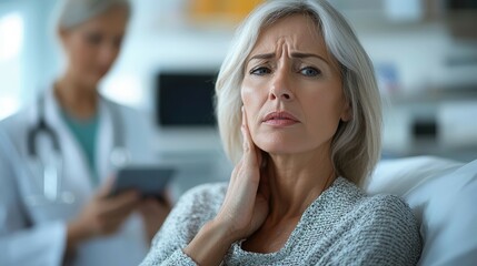 Concerned woman on medical bed showing signs of difficulty breathing near doctor