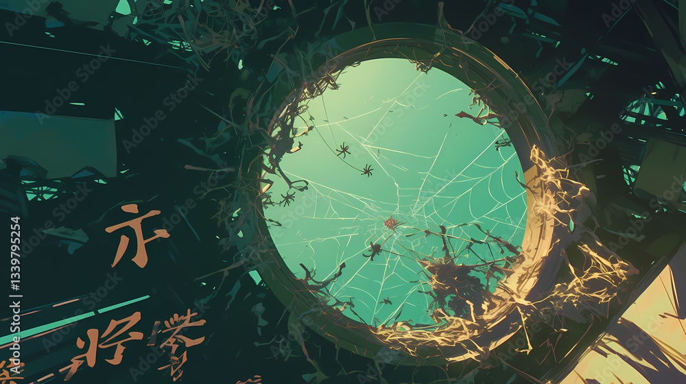 Aufkleber surreal view from below a circular opening, surrounded by webs and abstract shapes, evoking mystery