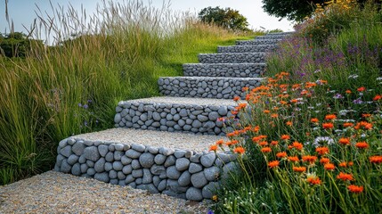 Modern gabion steps with smooth stones and wildflowers in a sloping landscape
