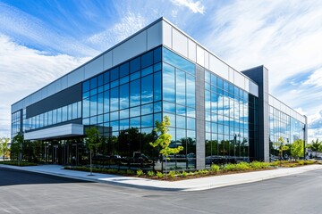 Fototapeta premium Modern architecture with glass facade under blue sky, commercial building concept for company office space, property investment background for corporate design