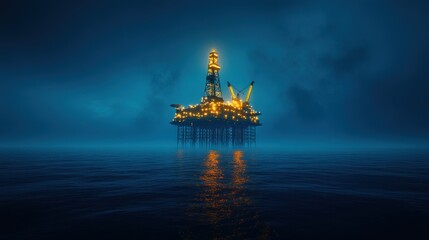Fototapeta premium Nightfall at the Offshore Oil Rig: A Dramatic Silhouette Against the Deep Blue Sea