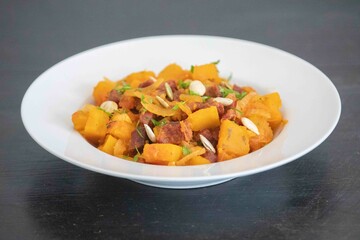 Traditional dried meat with pumpkin known in Brazil as jabá com jirimum