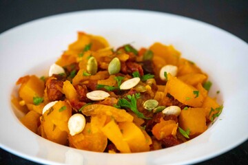 Traditional dried meat with pumpkin known in Brazil as jabá com jirimum