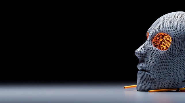 Futuristic, abstract, 3D-rendered face, head, with glowing eyes, placed on a dark surface, side view. - Powered by Adobe