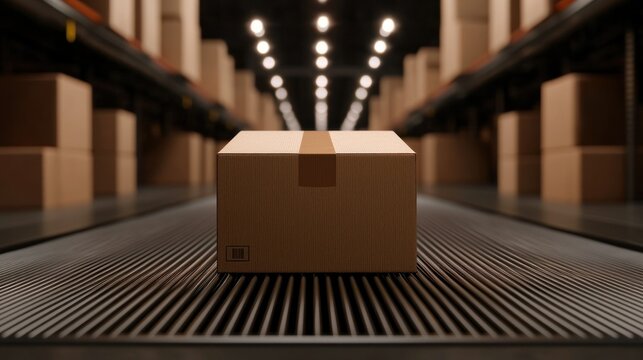 A cardboard box is centered on a conveyor belt in a warehouse