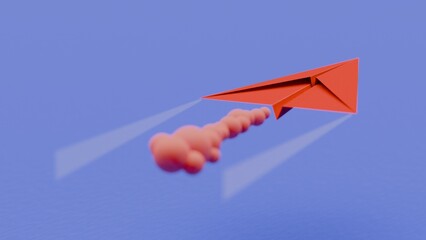 Naklejka premium Red paper airplane flying with smoke trail on blue background