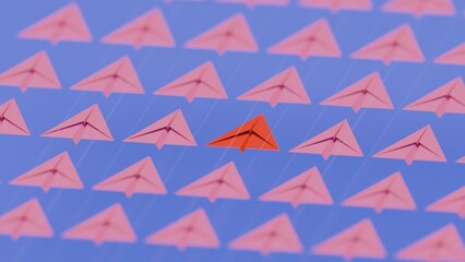 Red paper airplane leading among white paper airplanes on blue background
