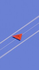 Red paper airplane flying on a different path with contrail on blue background