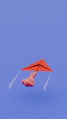 Red paper airplane flying with smoke trail on blue background