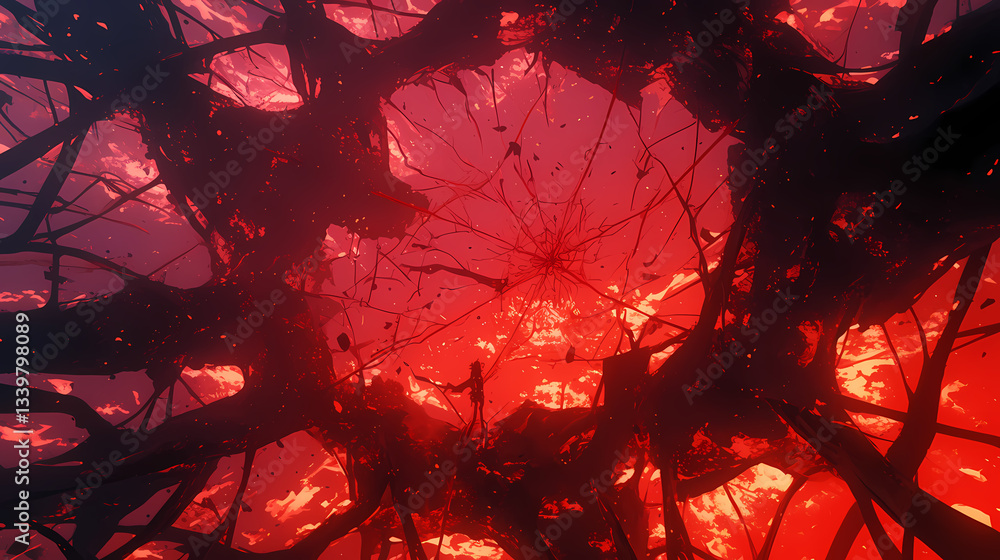 Poster abstract depiction of a swirling red and black vortex with intricate organic structures and depth