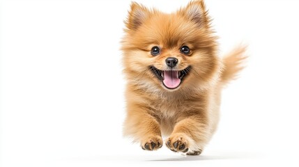Obraz premium Tiny golden Pomeranian puppy joyfully runs with its fluffy tail raised