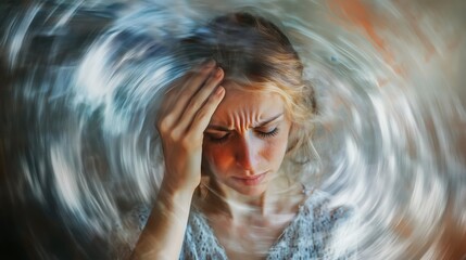 A woman clutches her head as swirling motion surrounds her, visually representing the disorienting effects of vertigo and dizziness.
