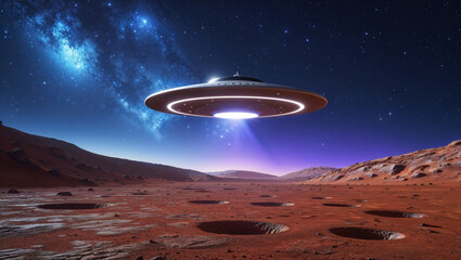 A sleek UFO descends over a desolate, cratered landscape on the surface of Mars under a starlit sky.