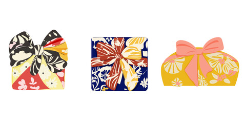 Furoshiki wrapping set, japanese traditional, flat vector isolated, wrapping cloth