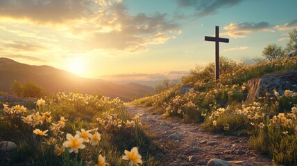 Sunset Cross Hillside Daffodils Path Peaceful