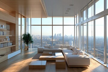 Modern living room interior with city view for home decor and real estate promotion, open space luxury apartment with floor to ceiling windows, elegant space