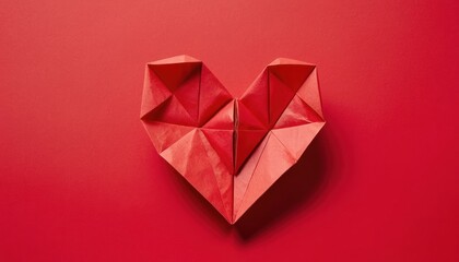 Origami heart placed on solid red background