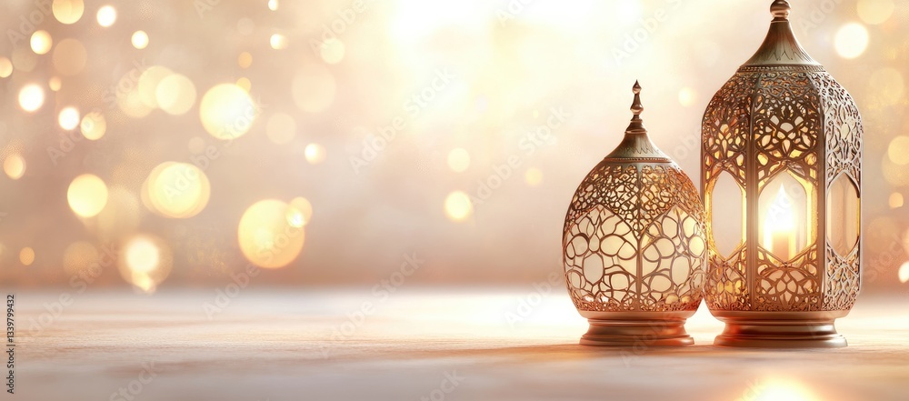 Poster two ornate gold lanterns with intricate designs illuminated against a soft, bokeh background of warm
