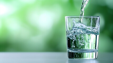 Clear water being poured into a crystal glass with splashes