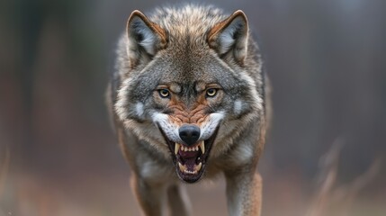 A close up portrait of an angry snarling wolf head