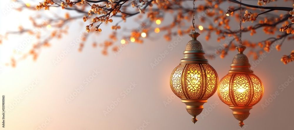 Poster two ornate hanging lanterns in warm orange and gold light against a blurred background of branches a