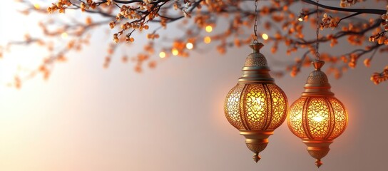 Fototapeta premium Two ornate hanging lanterns in warm orange and gold light against a blurred background of branches and out-of-focus lights. The lanterns are decorated with intricate patterns. The light from the