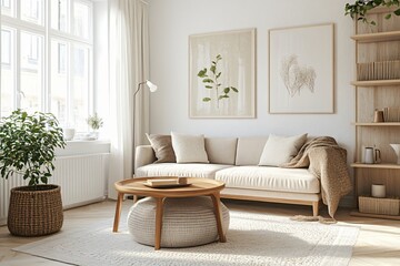 Elegant interior with couch, modern design. Bright living space decor for cozy home, two stylish posters on the wall, furniture and plant indoor for apartment