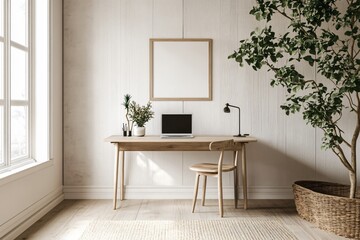Home office interior with wooden desk, decorations and blank frame mockup on wall. Workplace concept for online working, studying and interior design presentation