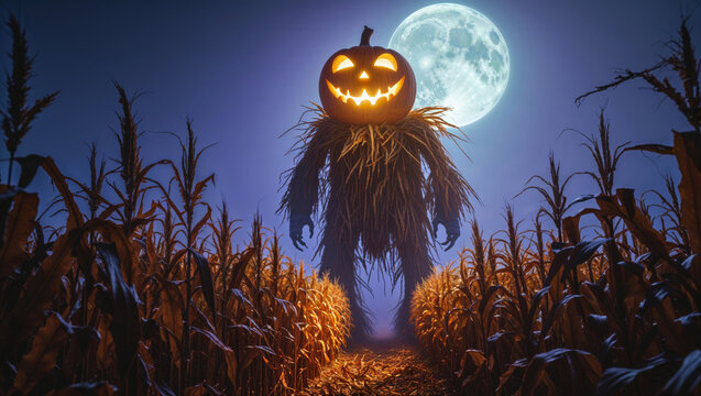 An eerie pumpkin-headed scarecrow stands guard in a moonlit cornfield on Halloween night.