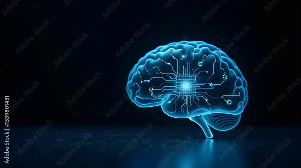 Poster artificial intelligence glowing blue brain circuit board pattern - neural network digital technology