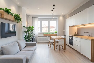 Fototapeta premium Modern apartment interior for sale brochure. Designed dining room and kitchen with minimalist furniture and plants. Bright contemporary space for rent advertisement.