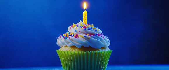 Single cupcake with white frosting, colorful sprinkles, and lit candle against a blue background, symbolizing celebration and joy, perfect for birthday themes