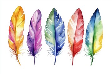 Set of magic colorful feathers. Multicolor feather watercolor hand drawn, illustration.