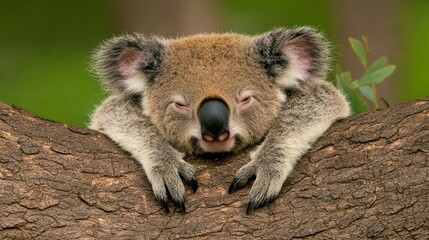 Naklejka premium A cute koala sleeping peacefully on a sturdy tree branch