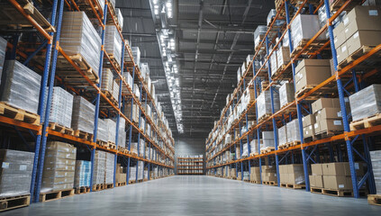 Warehouse with cardboard boxes inside on pallets racks, logistic center. Huge, large modern warehouse. Warehouse filled with cardboard boxes on shelves, boxes stand on pallets, 3D Illustration