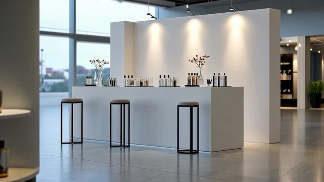 Modern exhibition space with minimalist design showcasing beauty products and decor