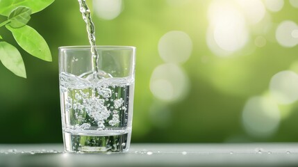 A glass being filled with clear water on a bright day