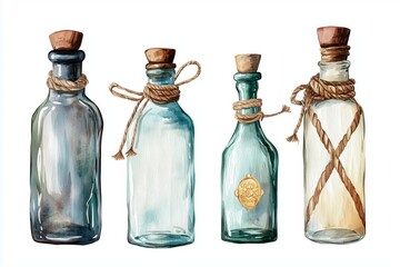 Set of watercolor illustrations with vintage empty bottles decorated with rope. Isolated on white background