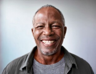 Fototapeta premium a happy 60 year old black man, photograph taken with flash - white background, white wall 
