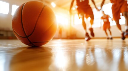 A basketball lies on the court with players running blurred