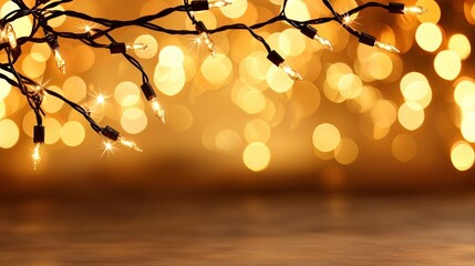 String of lights with background bokeh effects and wood surface